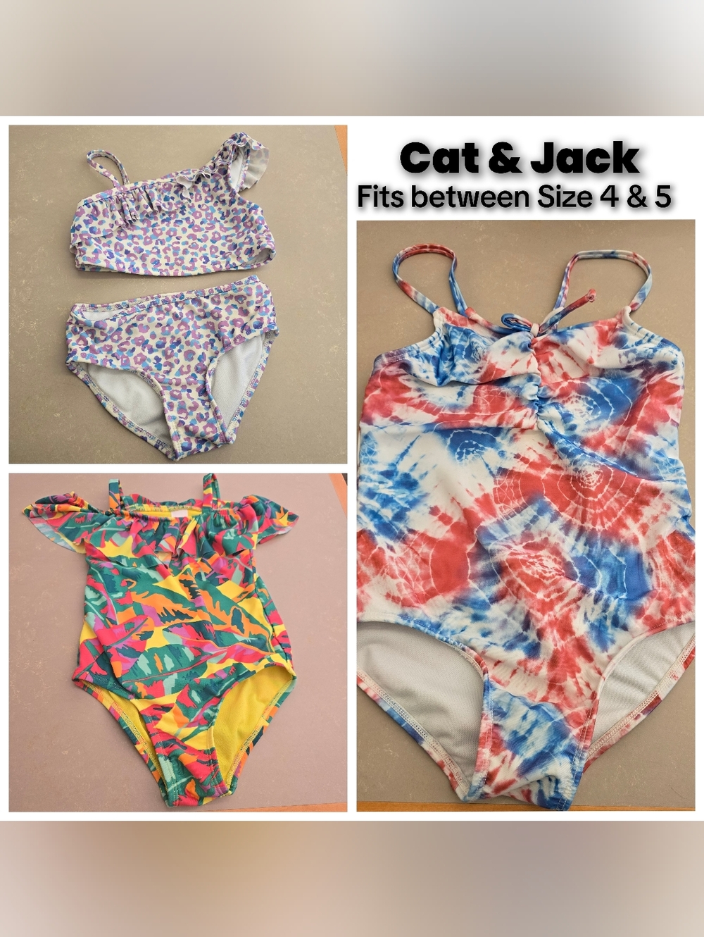 Cat & Jack Girls Swimsuit Bundle 4T 5T - Lot of 3 Leopard Tropical Tie Dye